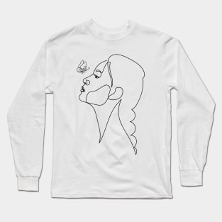 Woman Looking at a Butterfly | One Line Drawing | One Line Art | Minimal | Minimalist Long Sleeve T-Shirt